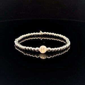 925 Sterling Silver Beaded Stretch Stacking Bracelet MOP Letter Initial H